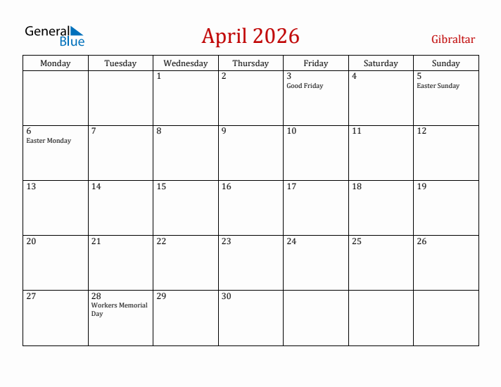 Gibraltar April 2026 Calendar - Monday Start