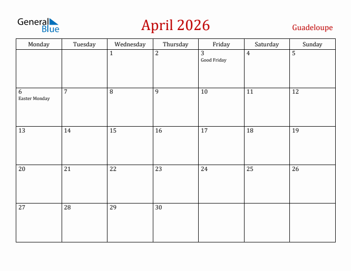 Guadeloupe April 2026 Calendar - Monday Start