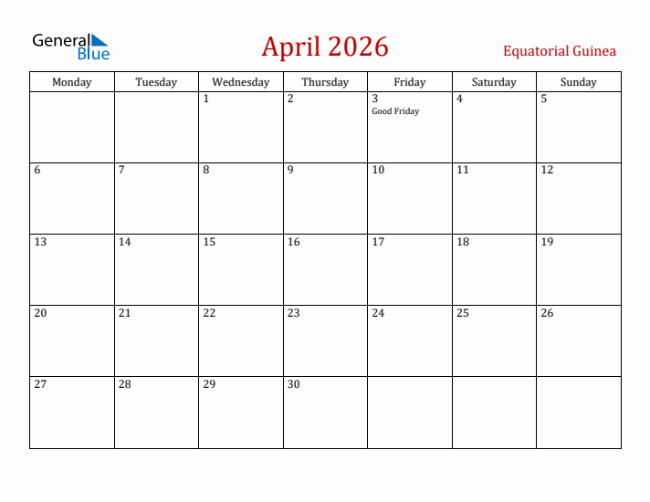Equatorial Guinea April 2026 Calendar - Monday Start