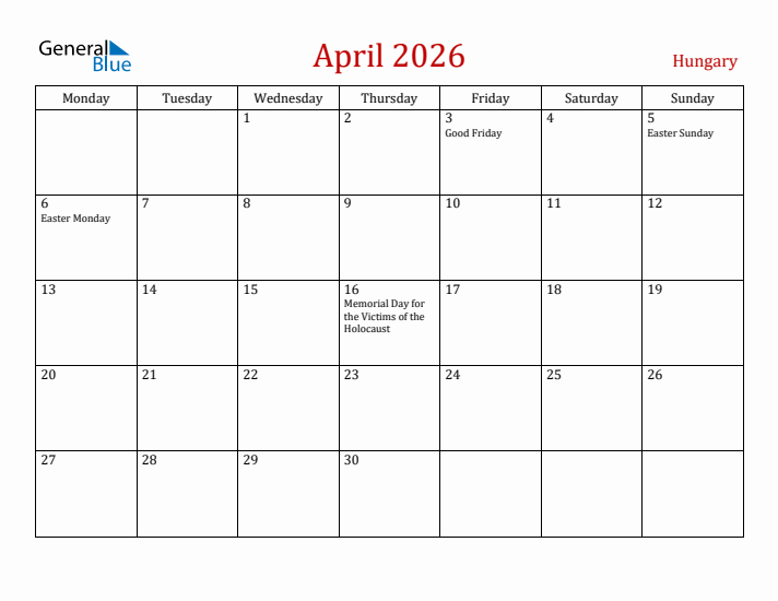 Hungary April 2026 Calendar - Monday Start