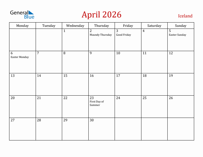 Iceland April 2026 Calendar - Monday Start