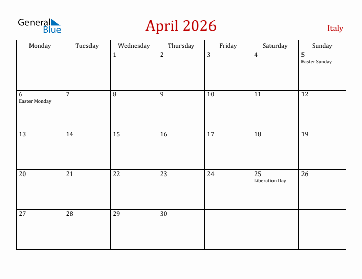 Italy April 2026 Calendar - Monday Start