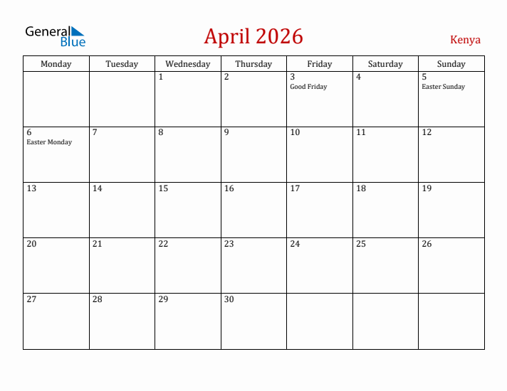 Kenya April 2026 Calendar - Monday Start
