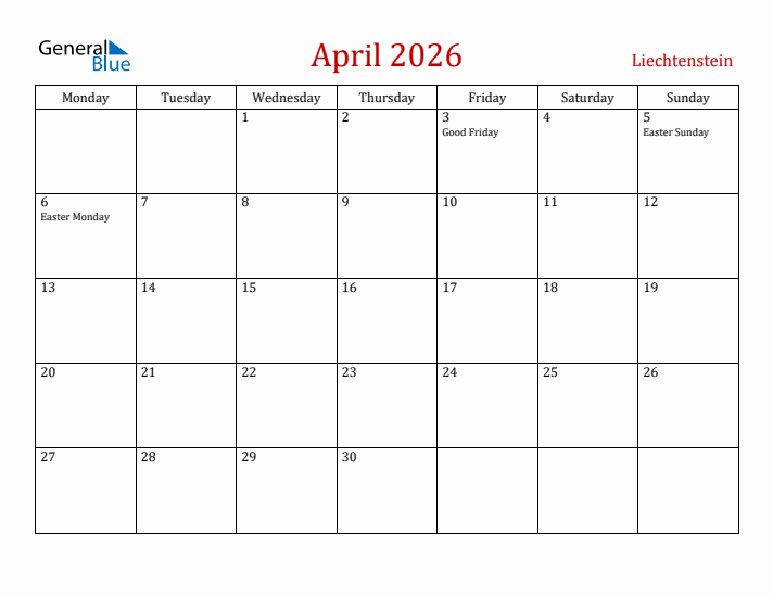 Liechtenstein April 2026 Calendar - Monday Start