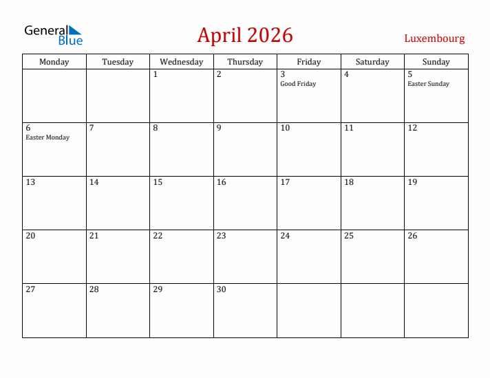 Luxembourg April 2026 Calendar - Monday Start