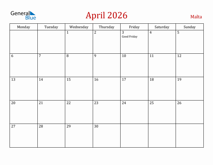 Malta April 2026 Calendar - Monday Start