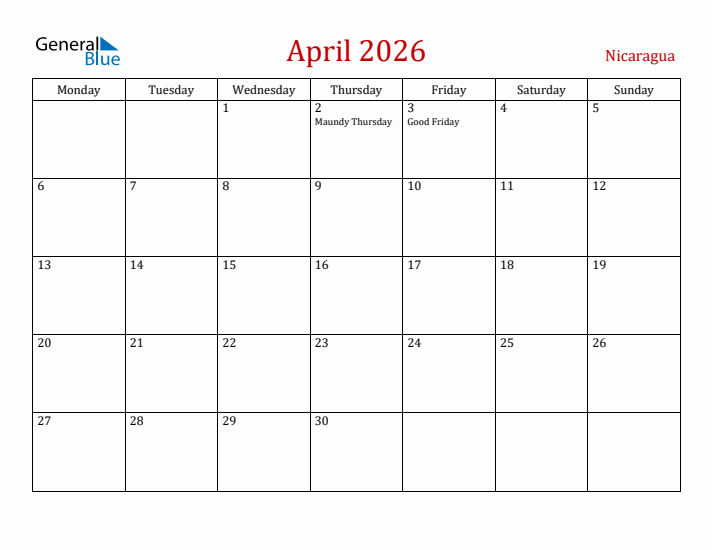 Nicaragua April 2026 Calendar - Monday Start