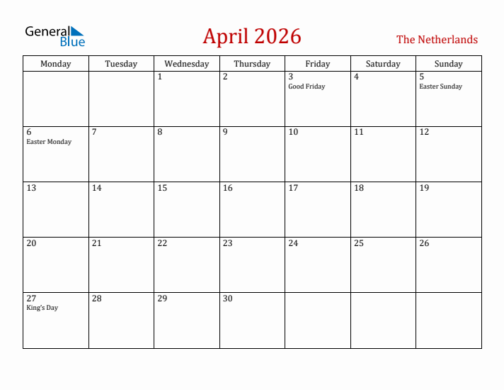 The Netherlands April 2026 Calendar - Monday Start