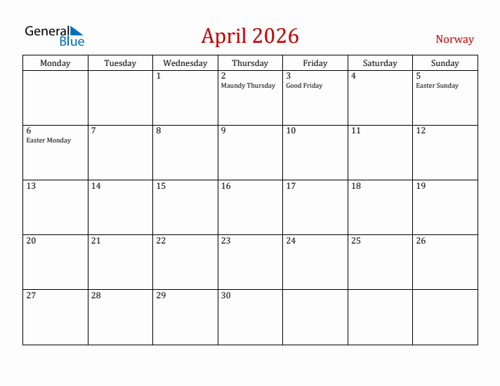 Norway April 2026 Calendar - Monday Start