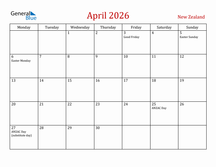 New Zealand April 2026 Calendar - Monday Start