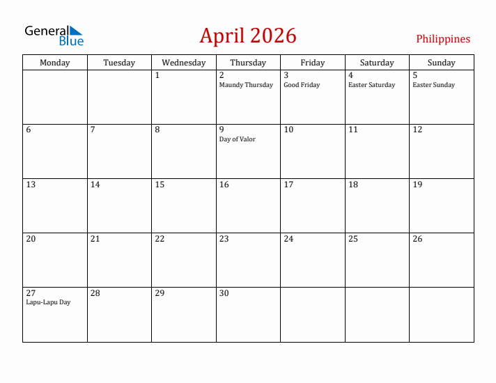 Philippines April 2026 Calendar - Monday Start