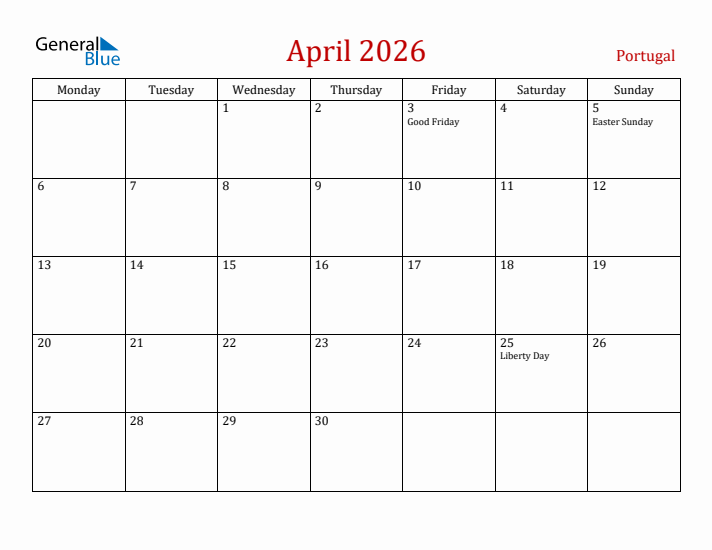Portugal April 2026 Calendar - Monday Start
