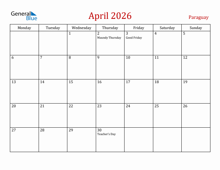 Paraguay April 2026 Calendar - Monday Start