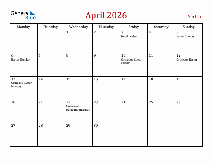 Serbia April 2026 Calendar - Monday Start