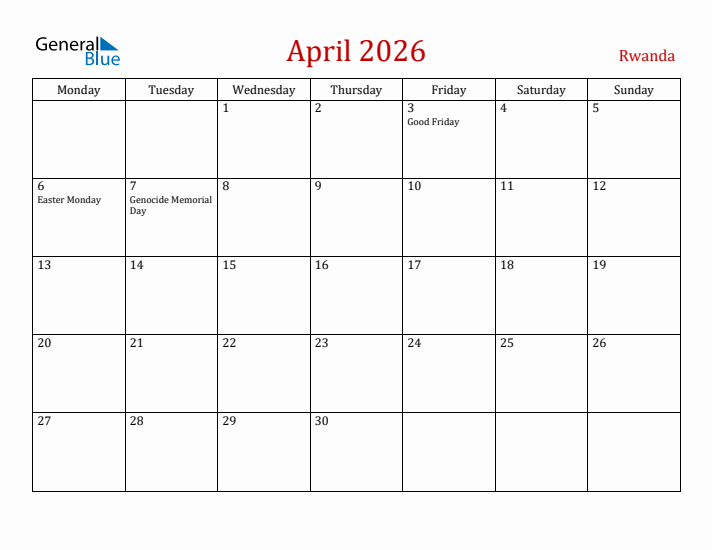 Rwanda April 2026 Calendar - Monday Start