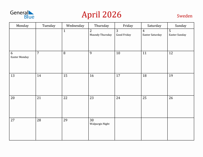 Sweden April 2026 Calendar - Monday Start