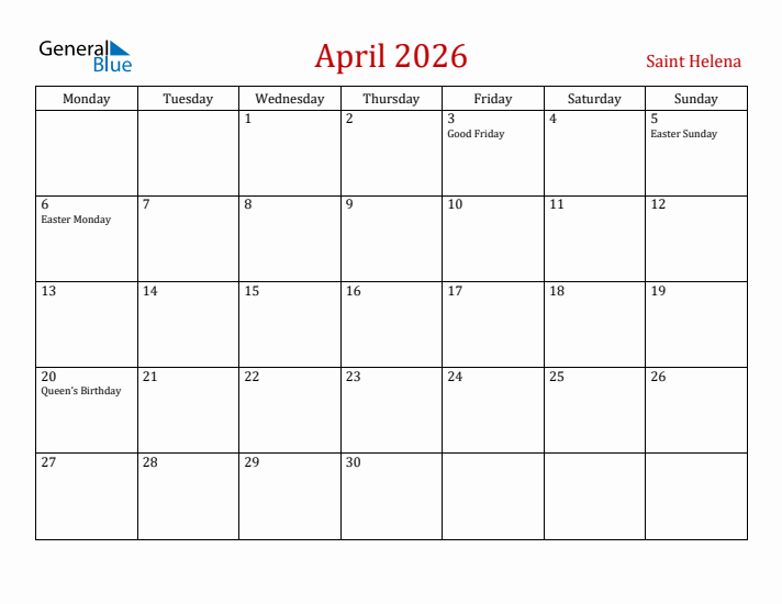 Saint Helena April 2026 Calendar - Monday Start