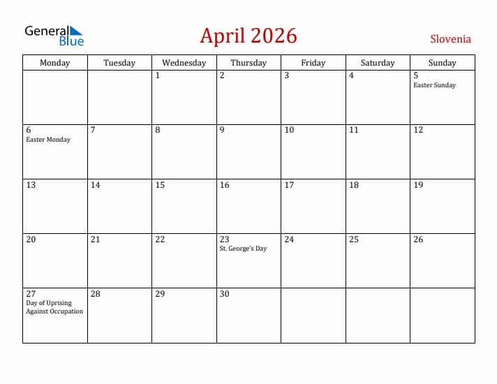 Slovenia April 2026 Calendar - Monday Start