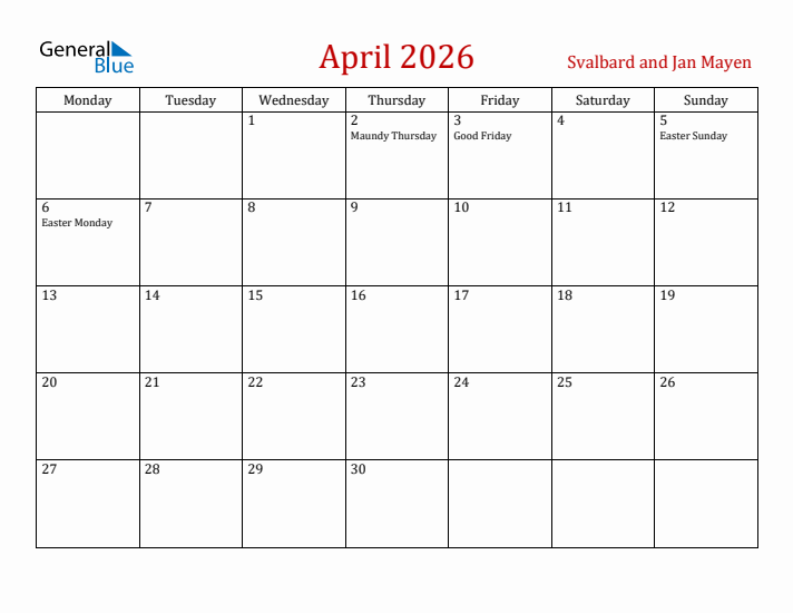 Svalbard and Jan Mayen April 2026 Calendar - Monday Start