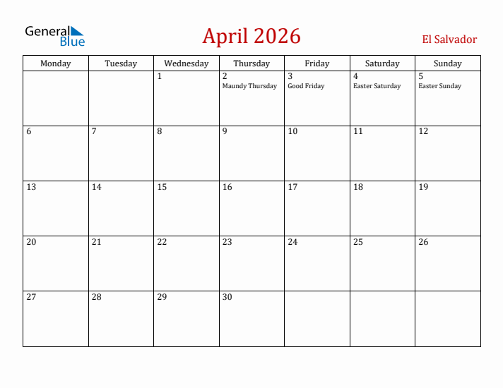El Salvador April 2026 Calendar - Monday Start