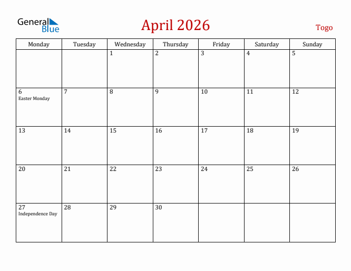 Togo April 2026 Calendar - Monday Start