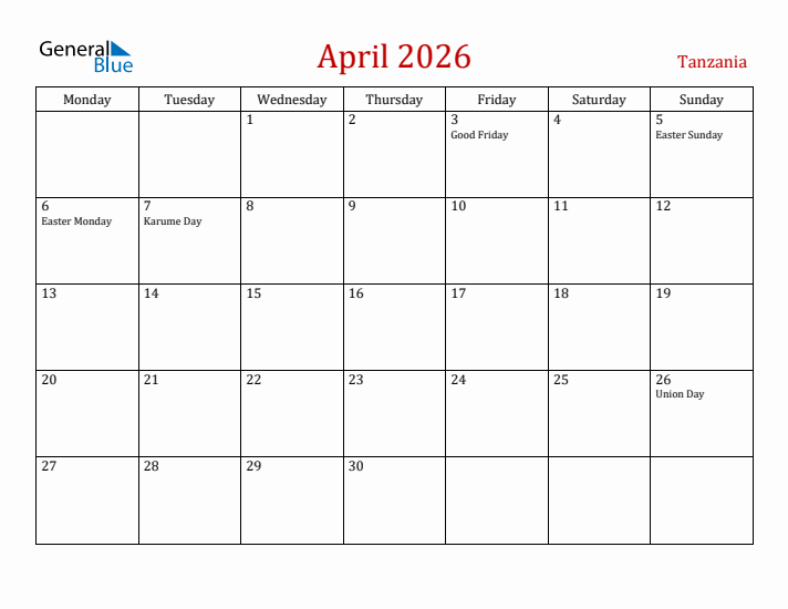 Tanzania April 2026 Calendar - Monday Start