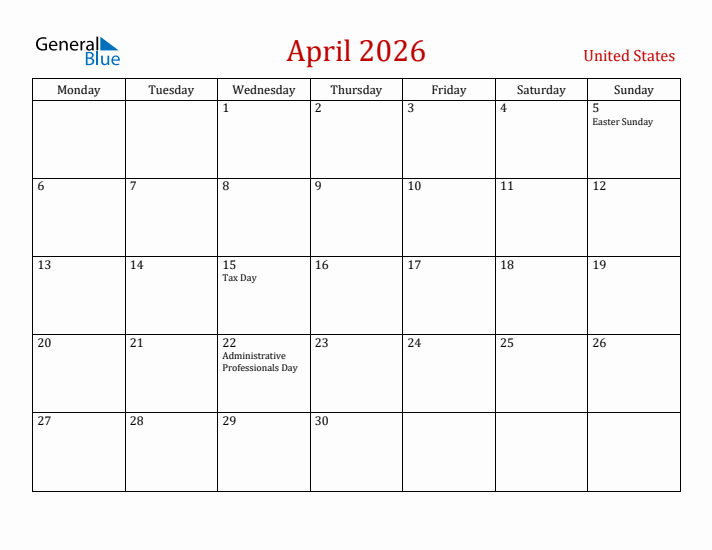 United States April 2026 Calendar - Monday Start