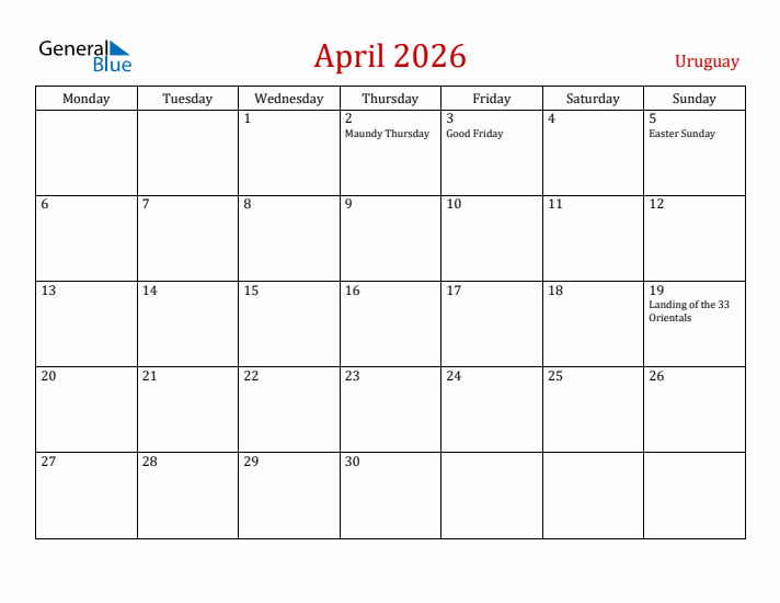 Uruguay April 2026 Calendar - Monday Start