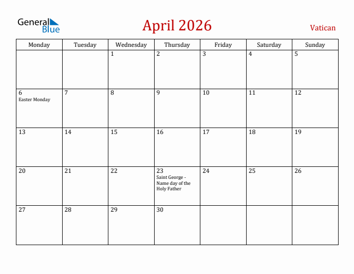 Vatican April 2026 Calendar - Monday Start