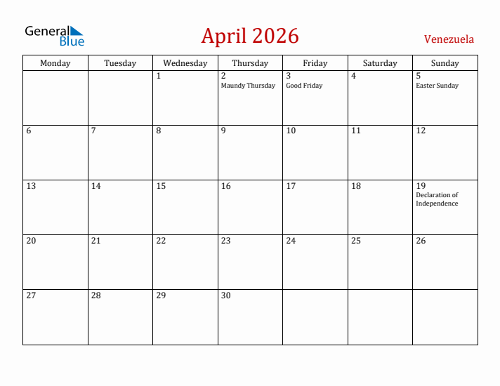Venezuela April 2026 Calendar - Monday Start