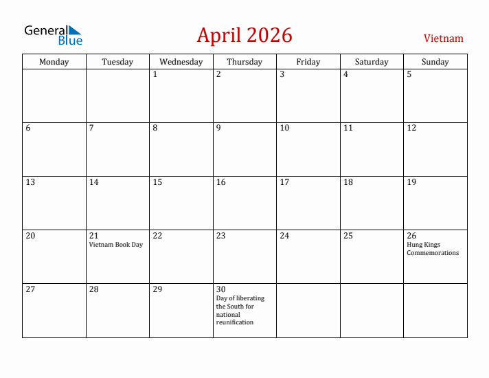 Vietnam April 2026 Calendar - Monday Start