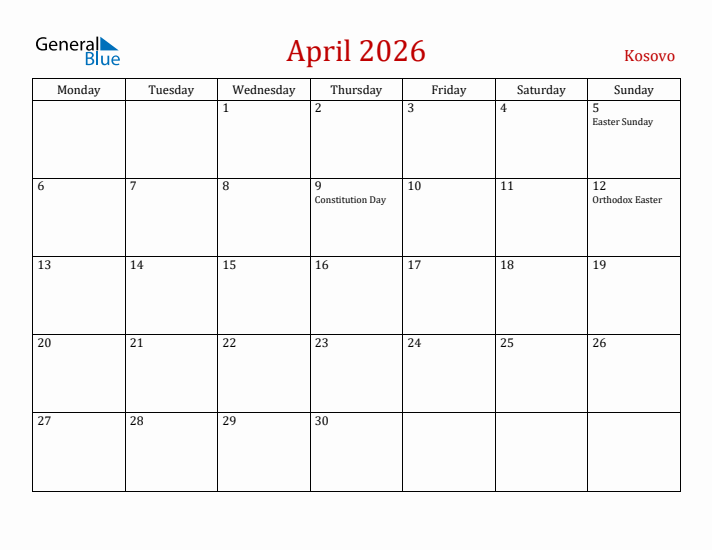 Kosovo April 2026 Calendar - Monday Start