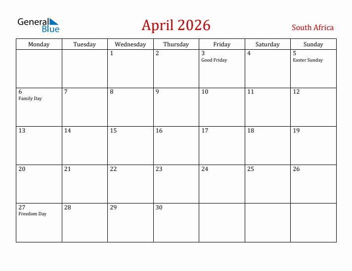 South Africa April 2026 Calendar - Monday Start