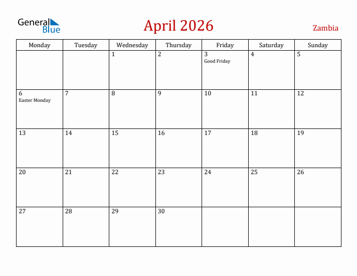 Zambia April 2026 Calendar - Monday Start