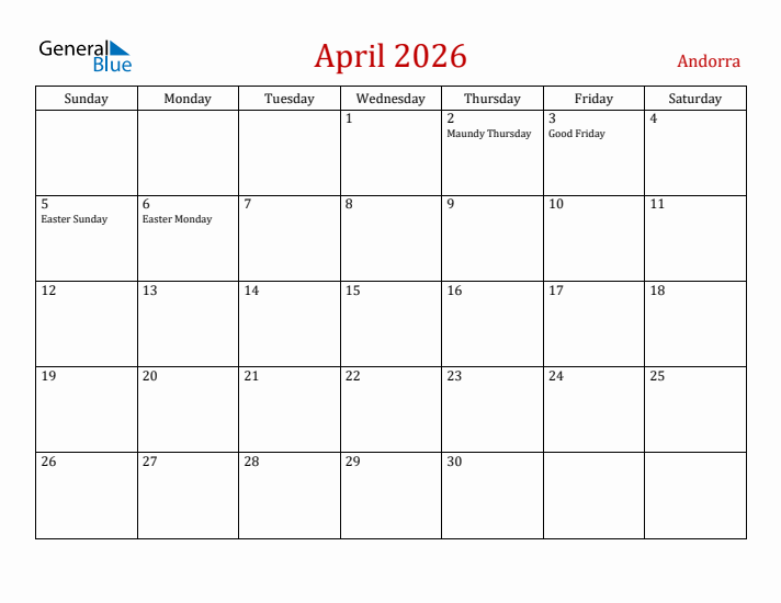 Andorra April 2026 Calendar - Sunday Start