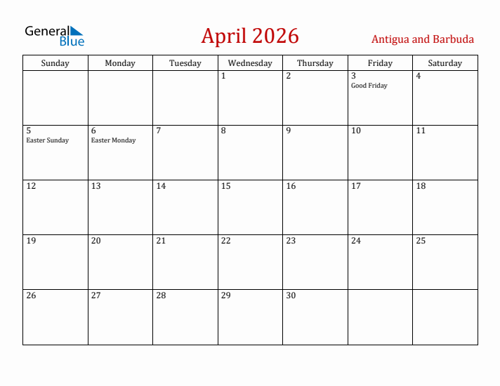 Antigua and Barbuda April 2026 Calendar - Sunday Start