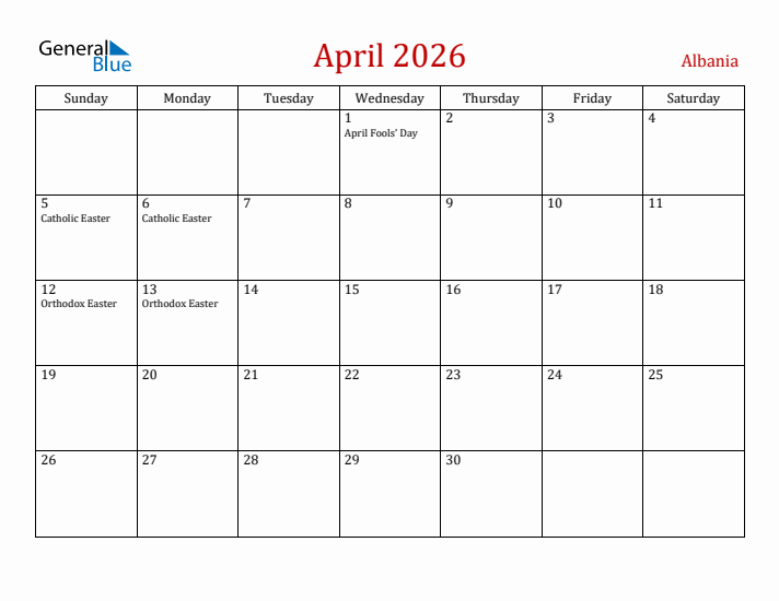Albania April 2026 Calendar - Sunday Start