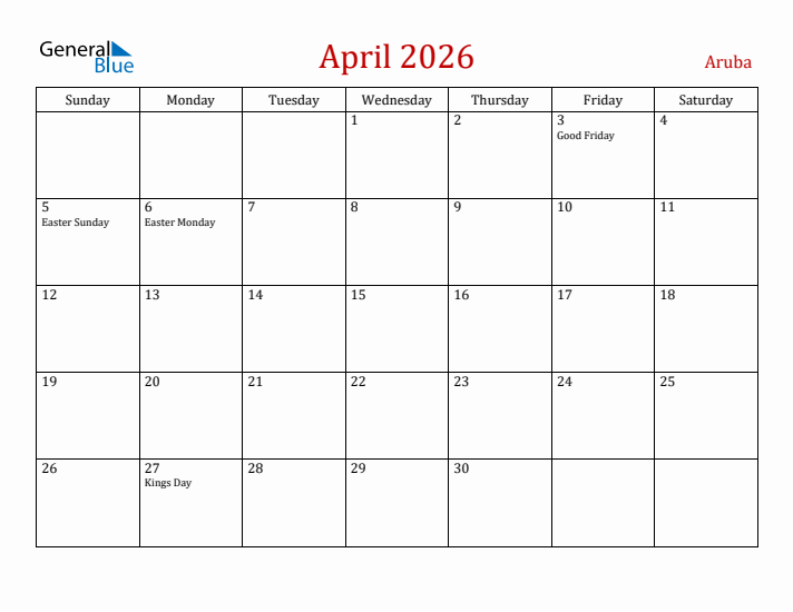 Aruba April 2026 Calendar - Sunday Start