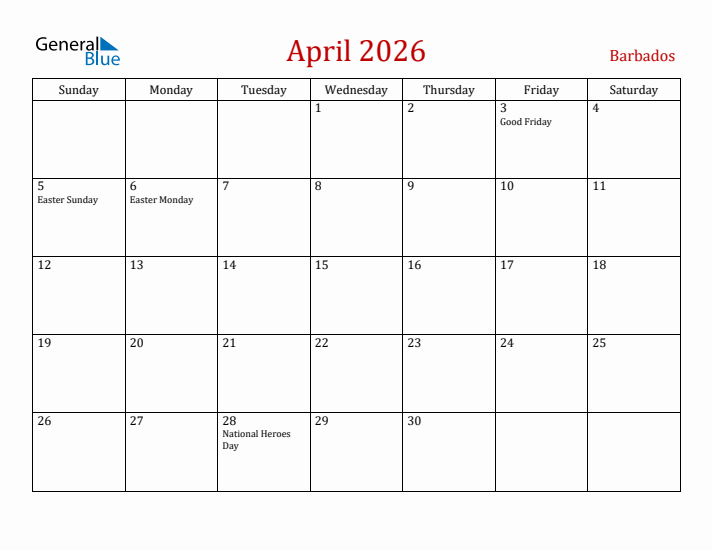 Barbados April 2026 Calendar - Sunday Start
