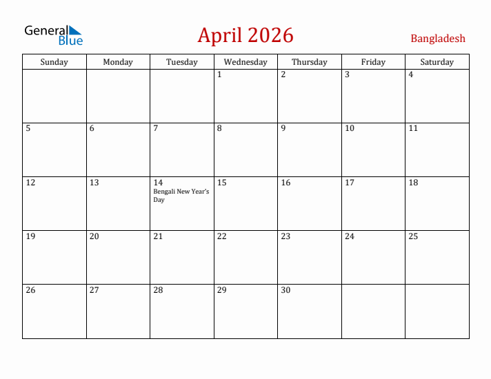 Bangladesh April 2026 Calendar - Sunday Start