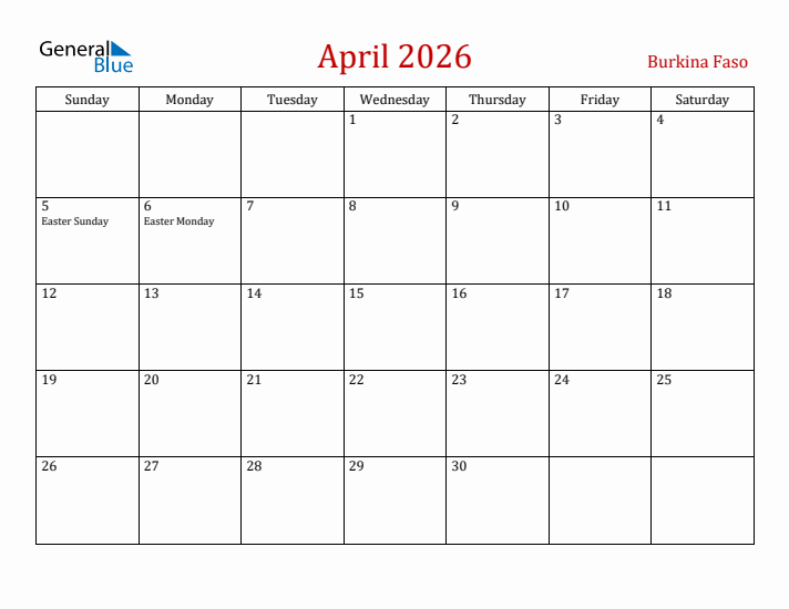 Burkina Faso April 2026 Calendar - Sunday Start