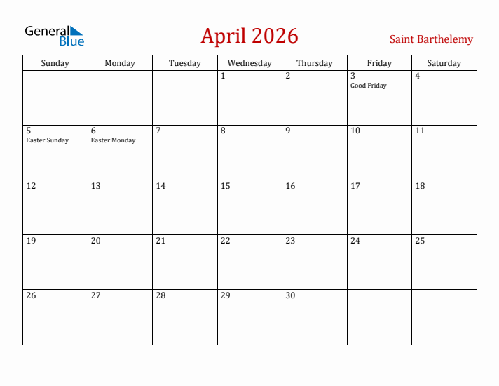 Saint Barthelemy April 2026 Calendar - Sunday Start