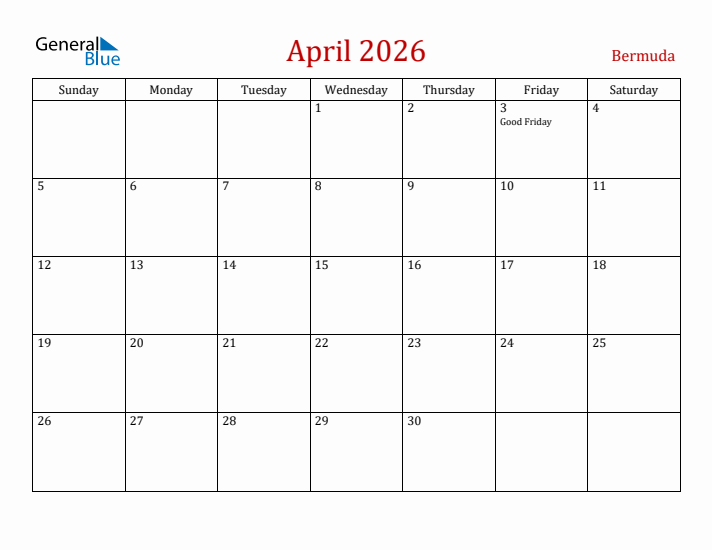 Bermuda April 2026 Calendar - Sunday Start
