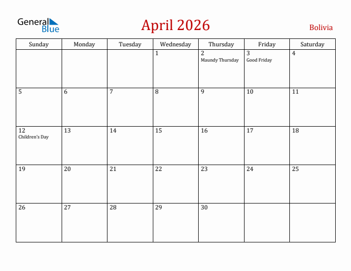 Bolivia April 2026 Calendar - Sunday Start