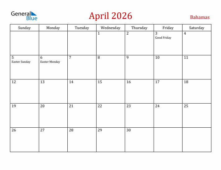 Bahamas April 2026 Calendar - Sunday Start