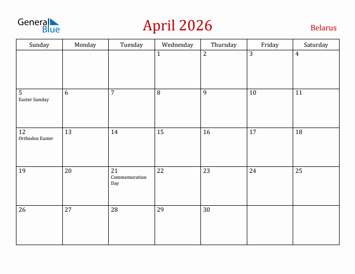 Belarus April 2026 Calendar - Sunday Start