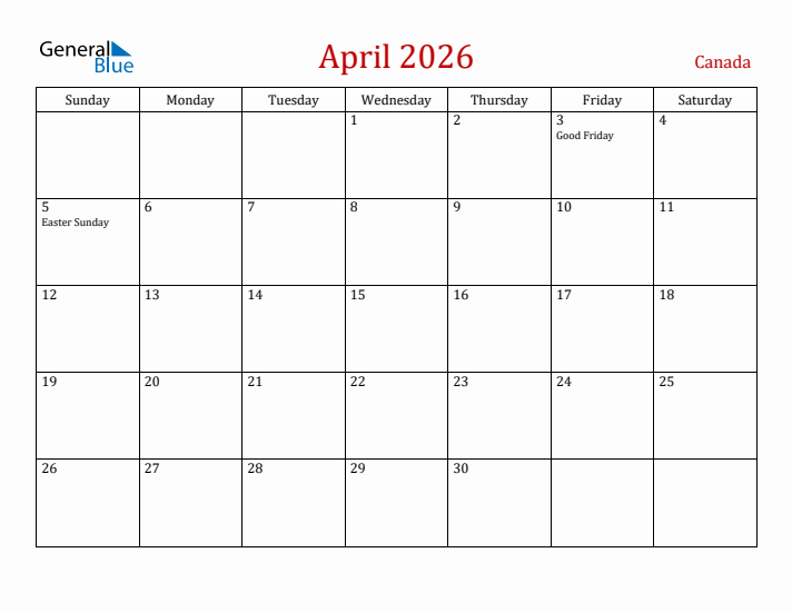 Canada April 2026 Calendar - Sunday Start