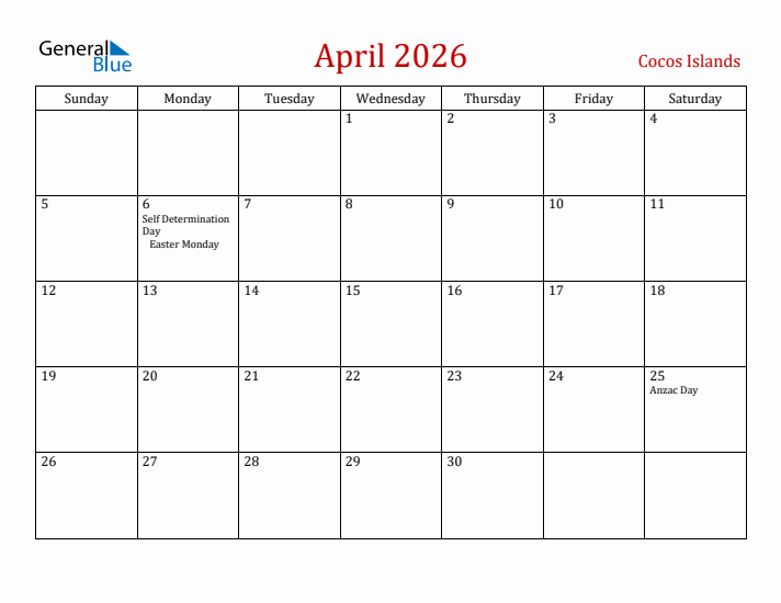 Cocos Islands April 2026 Calendar - Sunday Start