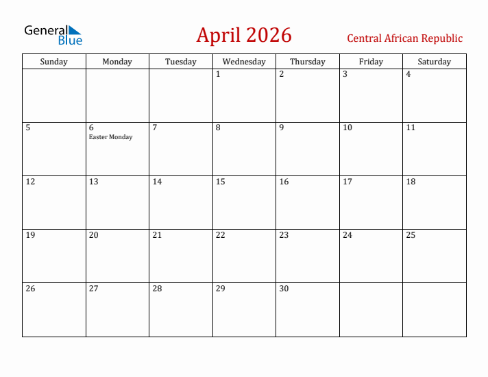 Central African Republic April 2026 Calendar - Sunday Start