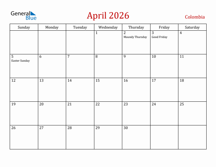 Colombia April 2026 Calendar - Sunday Start